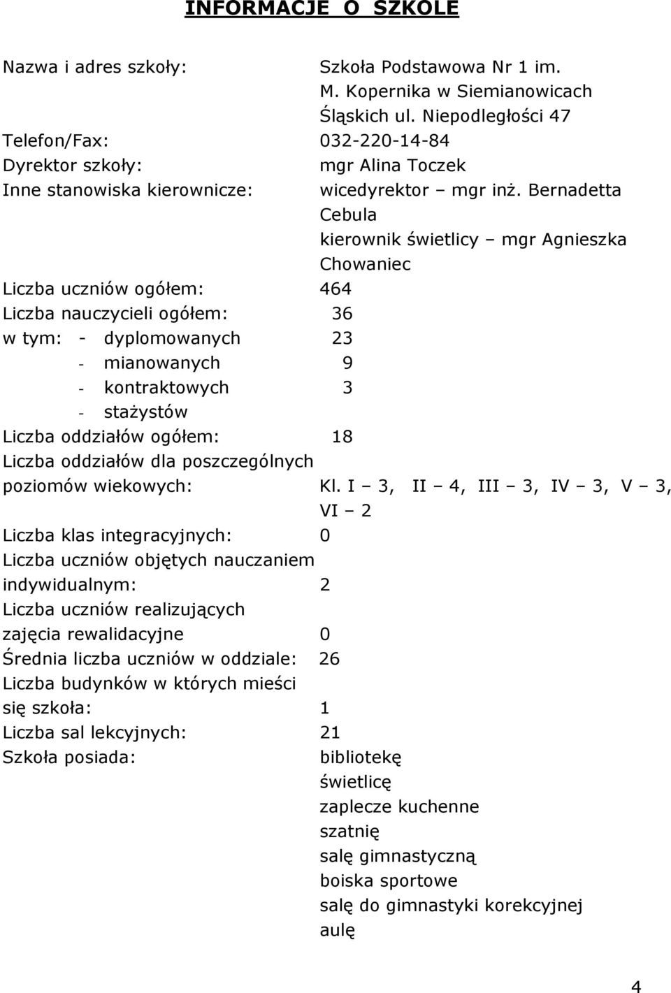 Bernadetta Cebula kierownik świetlicy mgr Agnieszka Chowaniec Liczba uczniów ogółem: 464 Liczba nauczycieli ogółem: 36 w tym: - dyplomowanych 23 - mianowanych 9 - kontraktowych 3 - stażystów Liczba