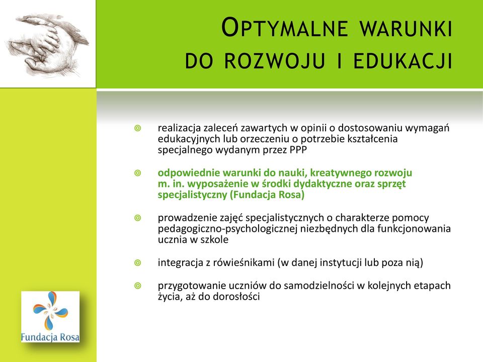 wyposażenie w środki dydaktyczne oraz sprzęt specjalistyczny (Fundacja Rosa) prowadzenie zajęć specjalistycznych o charakterze pomocy