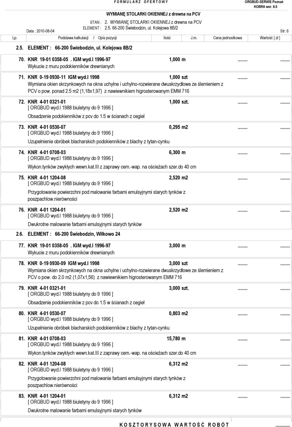 KNR 4-01 0708-03 6,300 m...... 75. KNR 4-01 1204-08 2,520 m2...... 76. KNR 4-01 1204-01 2,520 m2...... 2.6. ELEMENT : 66-200 Świebodzin, Wilkowo 24 77. KNR 19-01 0358-05. IGM wyd.i 1996-97 3,000 m.