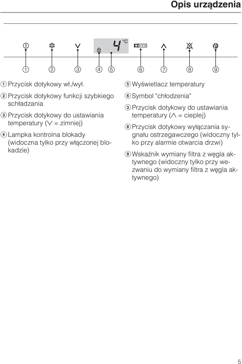 (widoczna tylko przy w³¹czonej blokadzie) Wyœwietlacz temperatury Symbol "ch³odzenia" Przycisk dotykowy do ustawiania temperatury