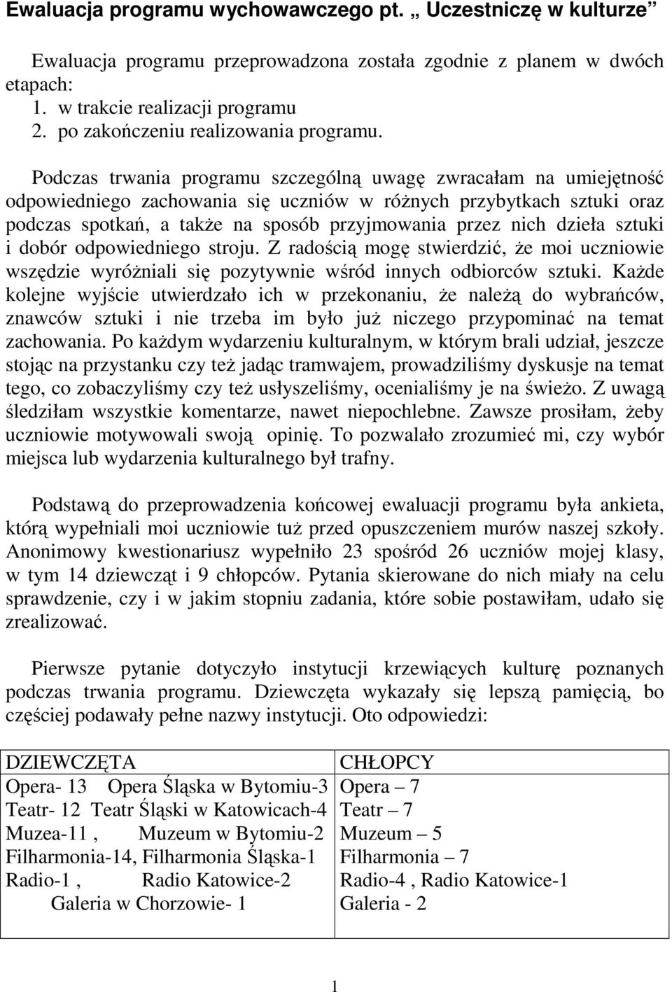 Podczas trwania programu szczególną uwagę zwracałam na umiejętność odpowiedniego zachowania się uczniów w różnych przybytkach sztuki oraz podczas spotkań, a także na sposób przyjmowania przez nich