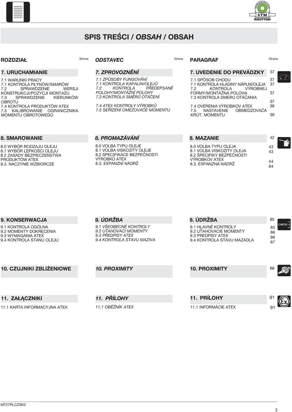 5 SEŘÍZENÍ OMEZOVAČE MOMENTU 7. SPÔSOB CHODU 7. KONTROLA HLADINY NÁPLNÍ/OLEJA 7. KONTROLA VÝROBNEJ FORMY/MONTÁŽNA POLOHA 7. KONTROLA SMERU OTÁČANIA 7. OVERENIA VÝROBKOV ATEX 7.