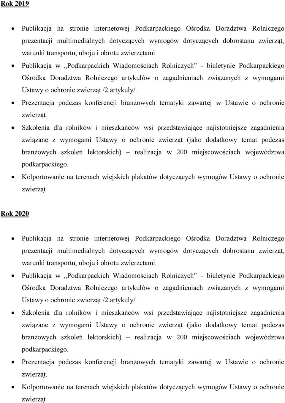 Publikacja w Podkarpackich Wiadomościach Rolniczych - biuletynie Podkarpackiego Ośrodka Doradztwa Rolniczego artykułów o zagadnieniach związanych z wymogami Ustawy o ochronie zwierząt /2 artykuły/.