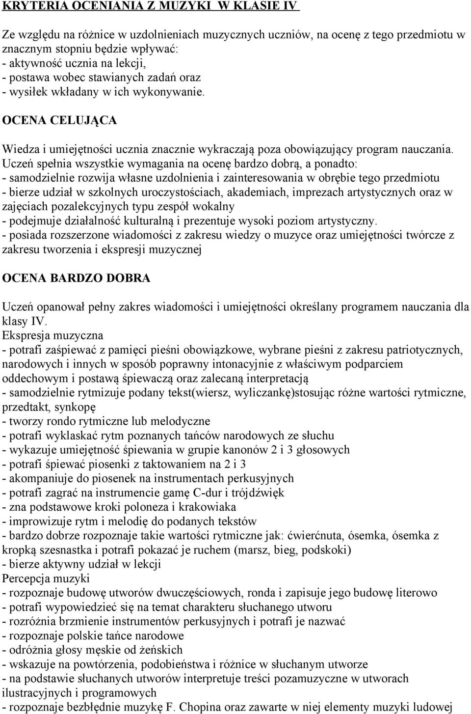 Uczeń spełnia wszystkie wymagania na ocenę bardzo dobrą, a ponadto: - samodzielnie rozwija własne uzdolnienia i zainteresowania w obrębie tego przedmiotu - bierze udział w szkolnych uroczystościach,