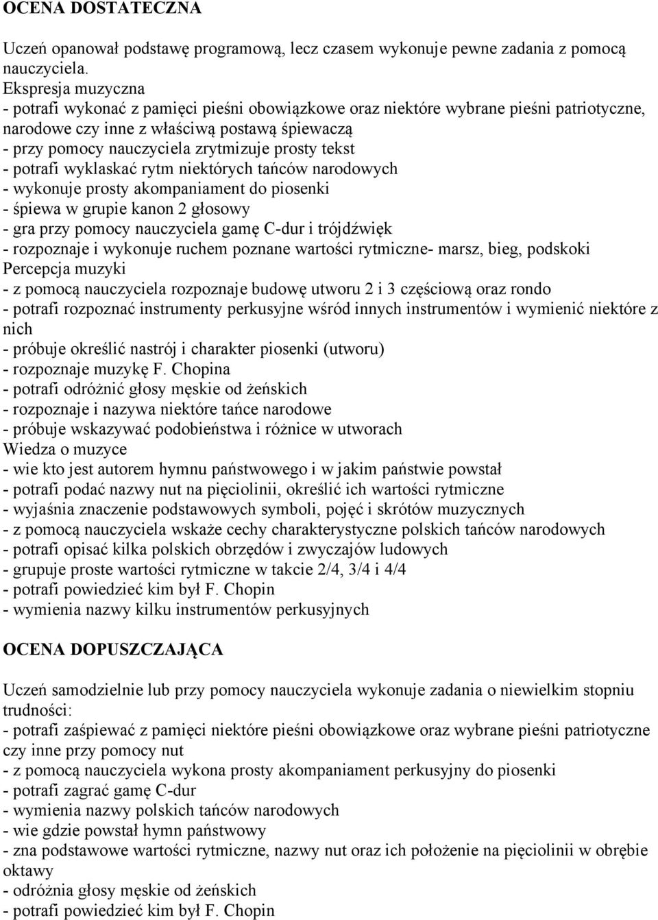 wyklaskać rytm niektórych tańców narodowych - wykonuje prosty akompaniament do piosenki - śpiewa w grupie kanon 2 głosowy - gra przy pomocy nauczyciela gamę C-dur i trójdźwięk - rozpoznaje i wykonuje