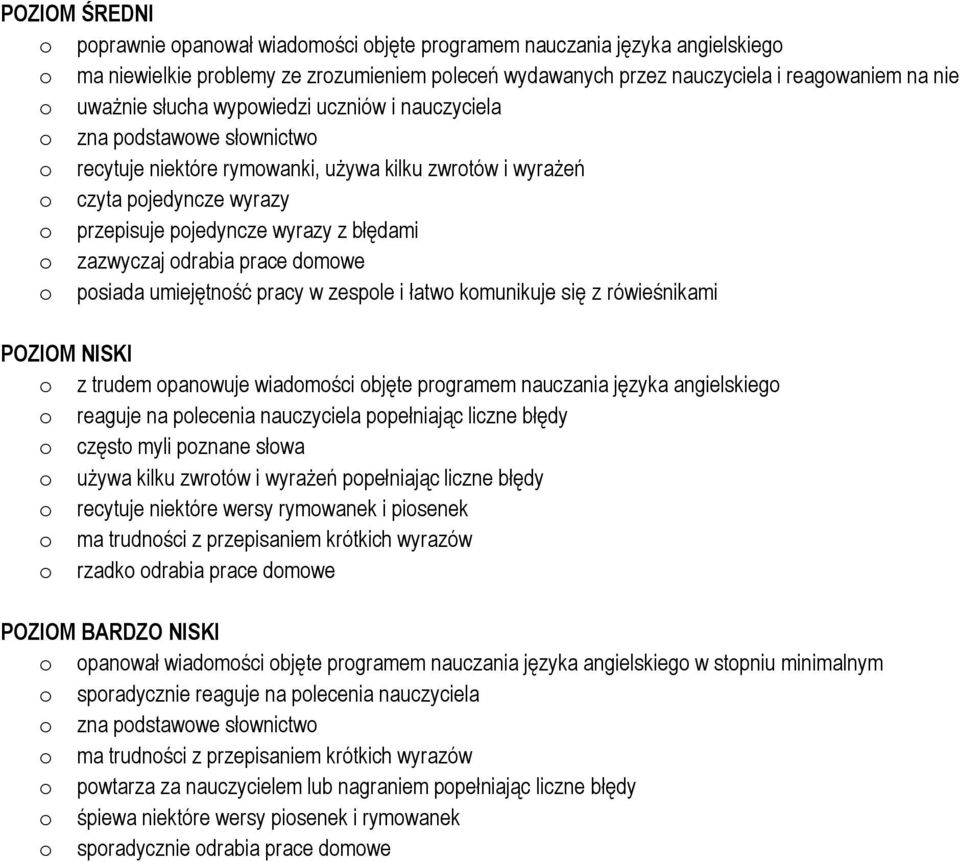 błędami o zazwyczaj odrabia prace domowe o posiada umiejętność pracy w zespole i łatwo komunikuje się z rówieśnikami POZIOM NISKI o z trudem opanowuje wiadomości objęte programem nauczania języka