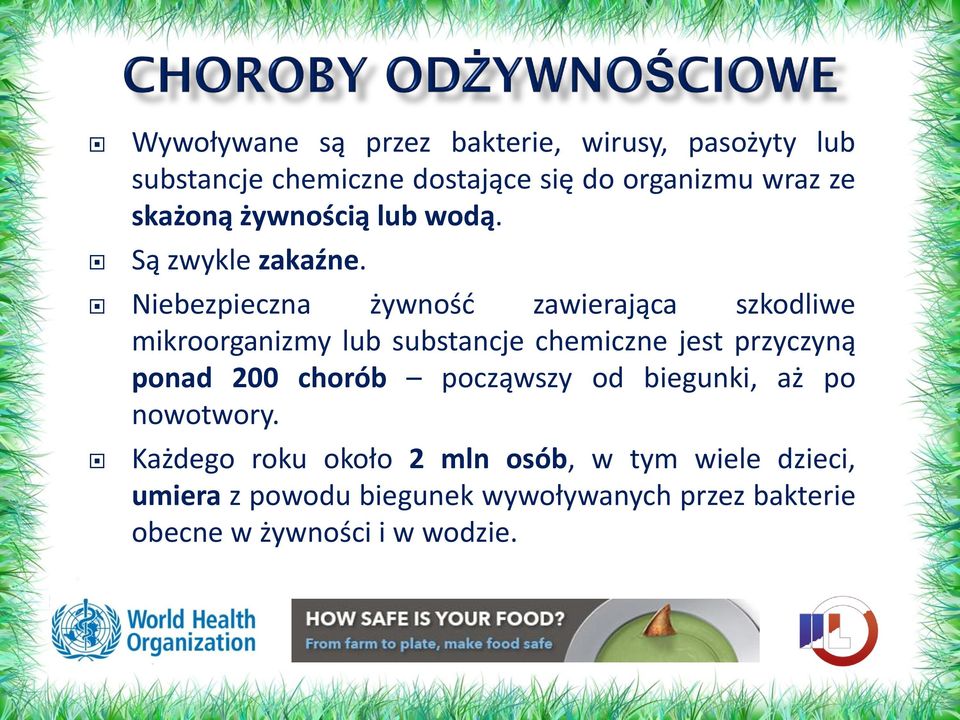 Niebezpieczna żywność zawierająca szkodliwe mikroorganizmy lub substancje chemiczne jest przyczyną ponad 200