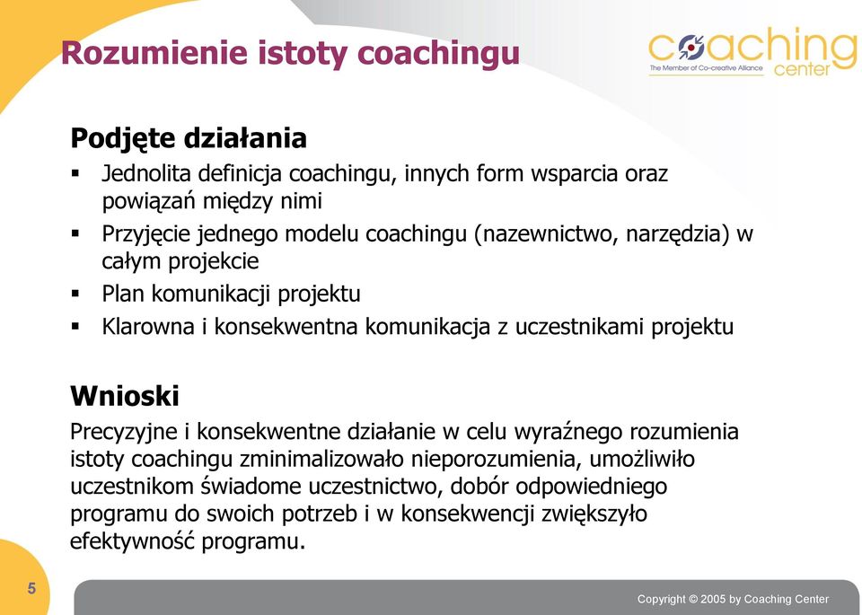 uczestnikami projektu Wnioski Precyzyjne i konsekwentne działanie w celu wyraźnego rozumienia istoty coachingu zminimalizowało