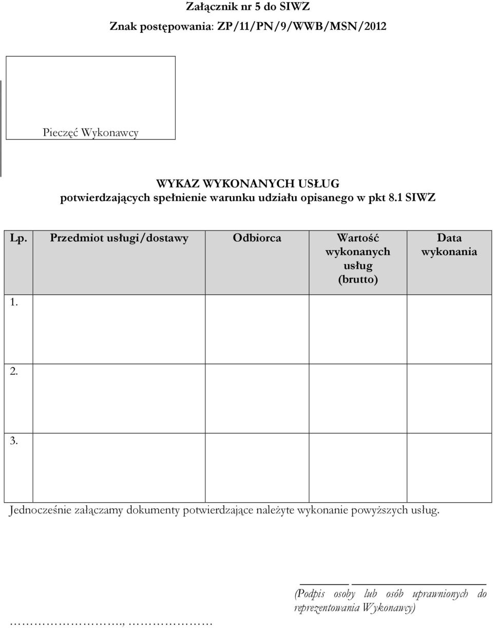 Przedmiot usługi/dostawy Odbiorca Wartość wykonanych usług (brutto) Data wykonania 1. 2. 3.