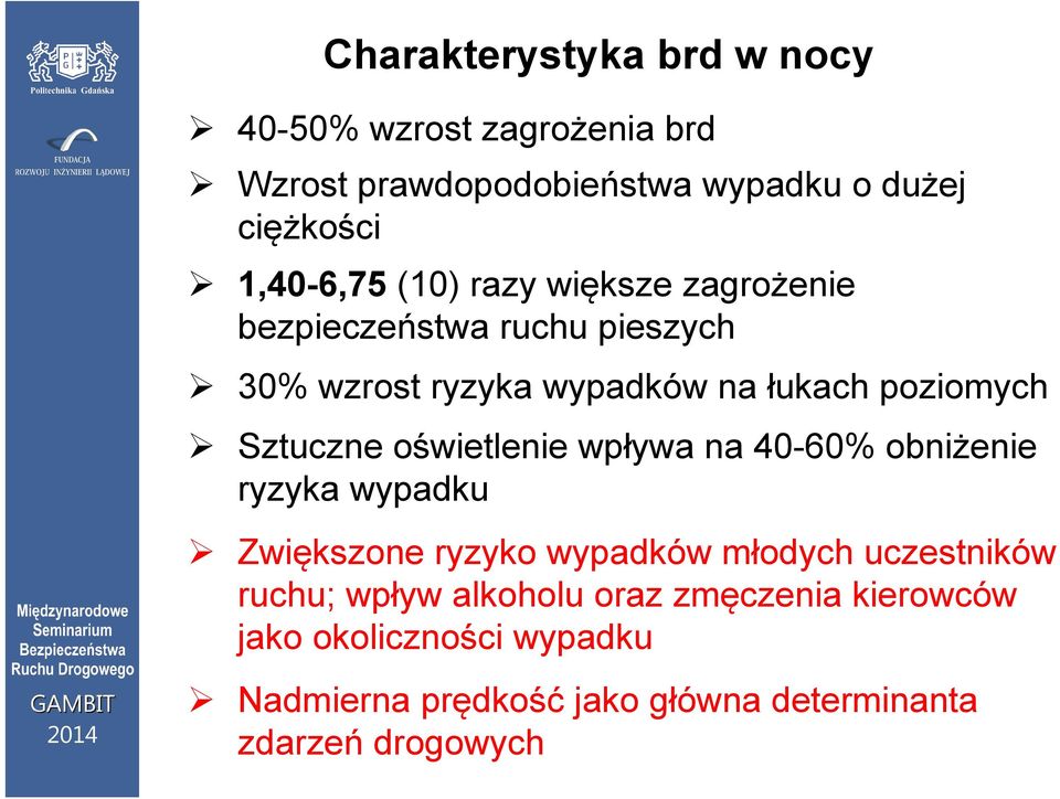 wpływa na 40-60% obniżenie ryzyka wypadku Zwiększone ryzyko wypadków młodych uczestników ruchu; wpływ alkoholu oraz zmęczenia