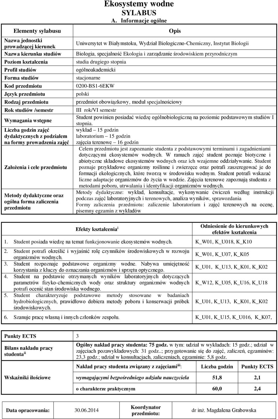 Informacje ogólne Uniwersytet w Białymstoku, Wydział Biologiczno-Chemiczny, Instytut Biologii studia drugiego stopnia ogólnoakademicki stacjonarne przedmiot obowiązkowy, moduł specjalnościowy Student