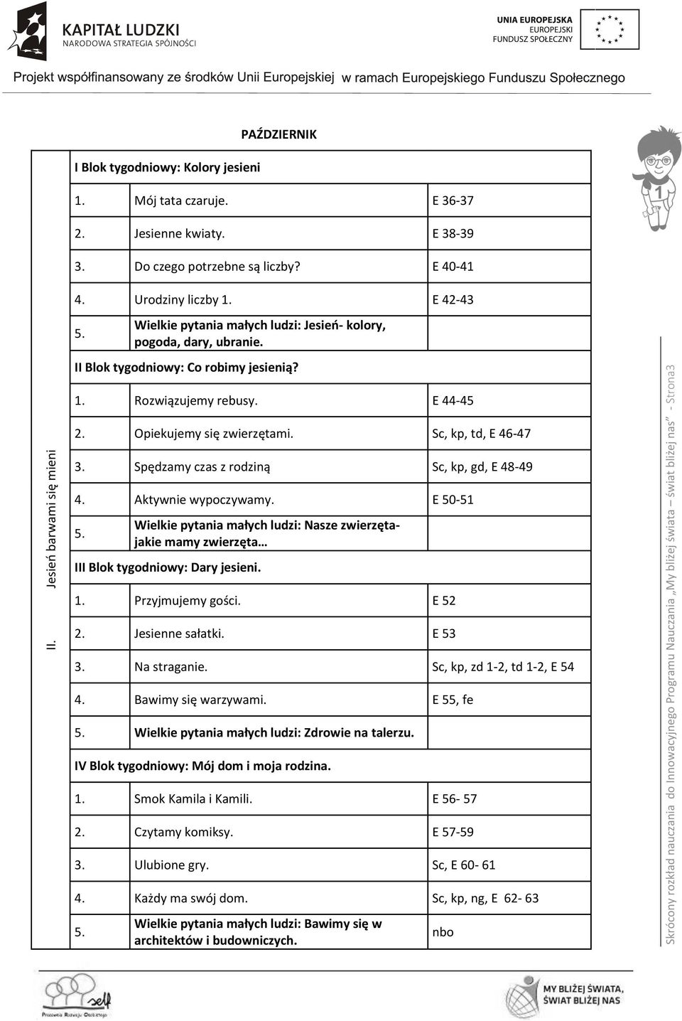 II Blok tygodniowy: Co robimy jesienią? 1. Rozwiązujemy rebusy. E 44-45 2. Opiekujemy się zwierzętami. Sc, kp, td, E 46-47 3. Spędzamy czas z rodziną Sc, kp, gd, E 48-49 4. Aktywnie wypoczywamy.