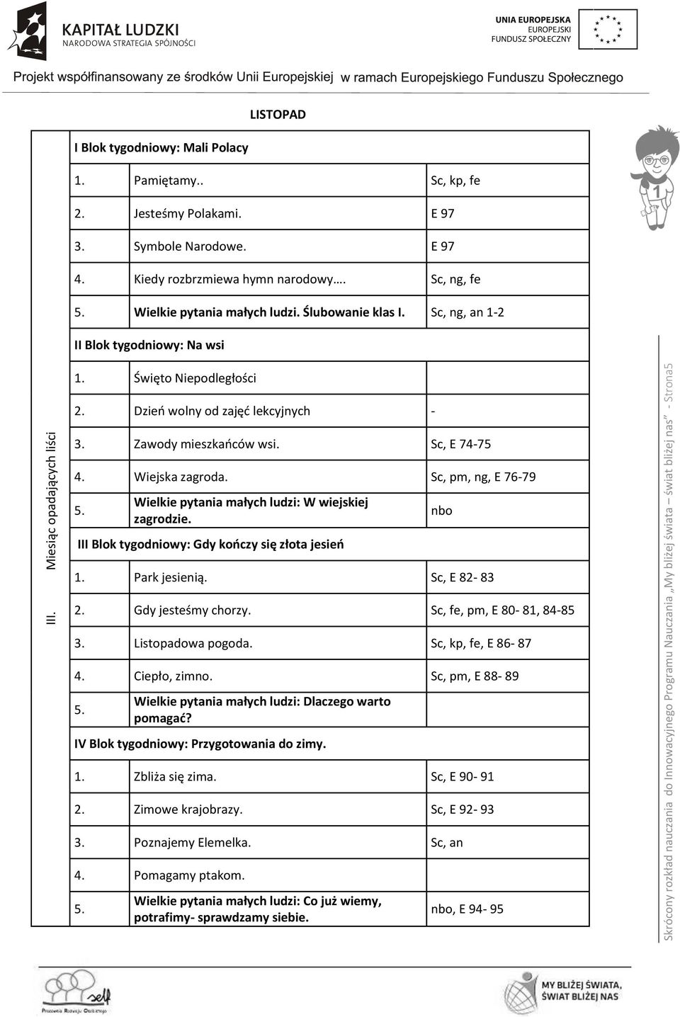 Sc, ng, an 1-2 II Blok tygodniowy: Na wsi 1. Święto Niepodległości 2. Dzień wolny od zajęć lekcyjnych - 3. Zawody mieszkańców wsi. Sc, E 74-75 4. Wiejska zagroda.