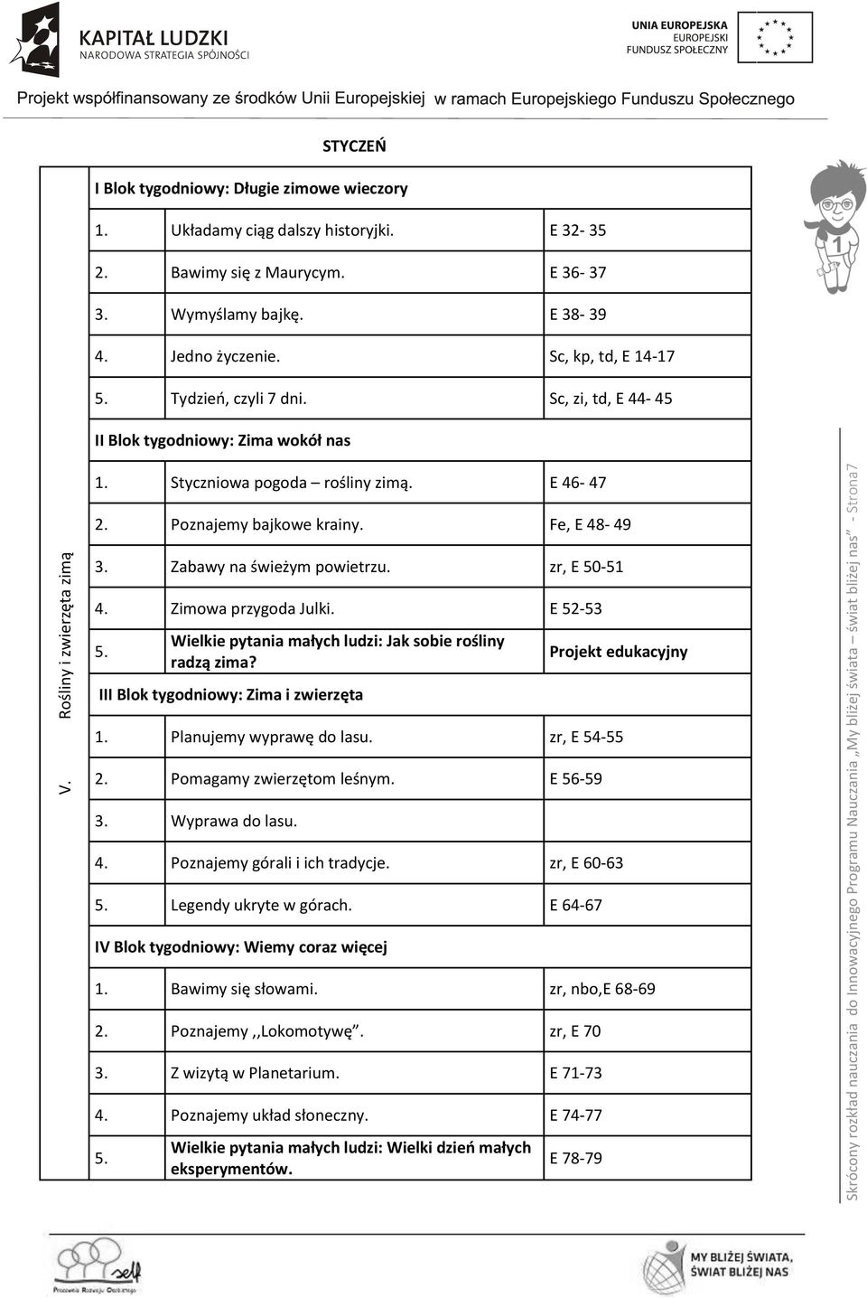 Sc, zi, td, E 44-45 II Blok tygodniowy: Zima wokół nas 1. Styczniowa pogoda rośliny zimą. E 46-47 2. Poznajemy bajkowe krainy. Fe, E 48-49 3. Zabawy na świeżym powietrzu. zr, E 50-51 4.