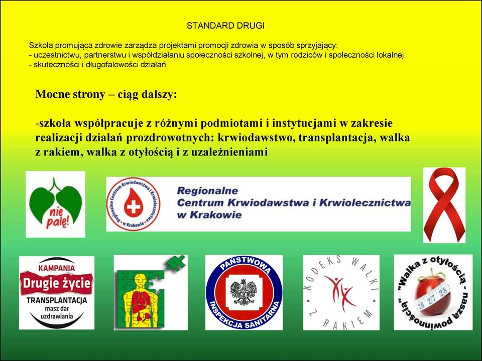 długofalowości działań Mocne strony ciąg dalszy: -szkoła współpracuje z różnymi podmiotami i instytucjami w