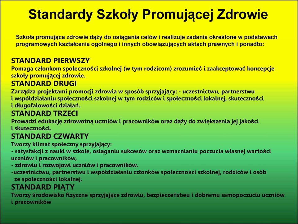 STANDARD DRUGI Zarządza projektami promocji zdrowia w sposób sprzyjający: - uczestnictwu, partnerstwu i współdziałaniu społeczności szkolnej w tym rodziców i społeczności lokalnej, skuteczności i