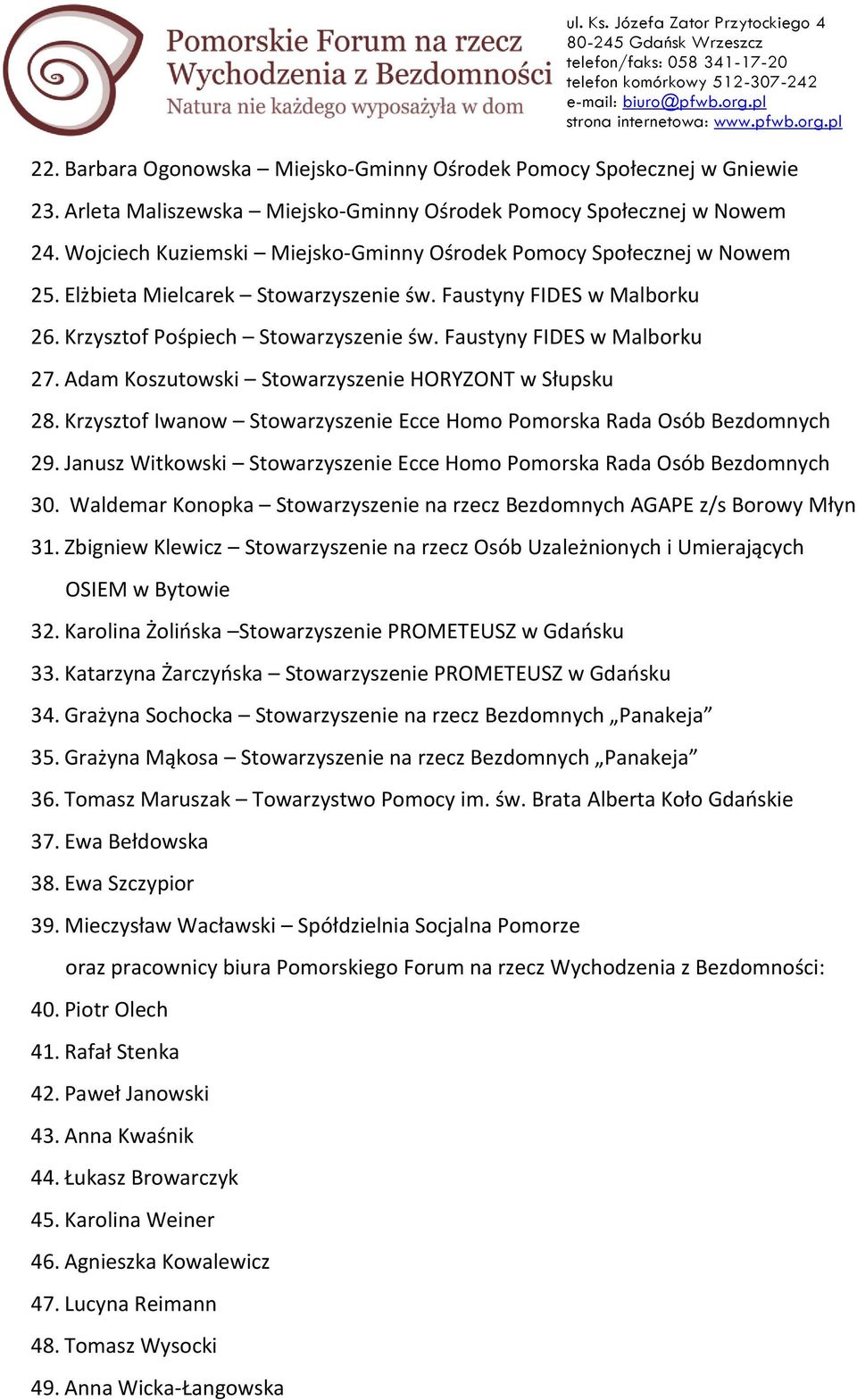 Faustyny FIDES w Malborku 27. Adam Koszutowski Stowarzyszenie HORYZONT w Słupsku 28. Krzysztof Iwanow Stowarzyszenie Ecce Homo Pomorska Rada Osób Bezdomnych 29.