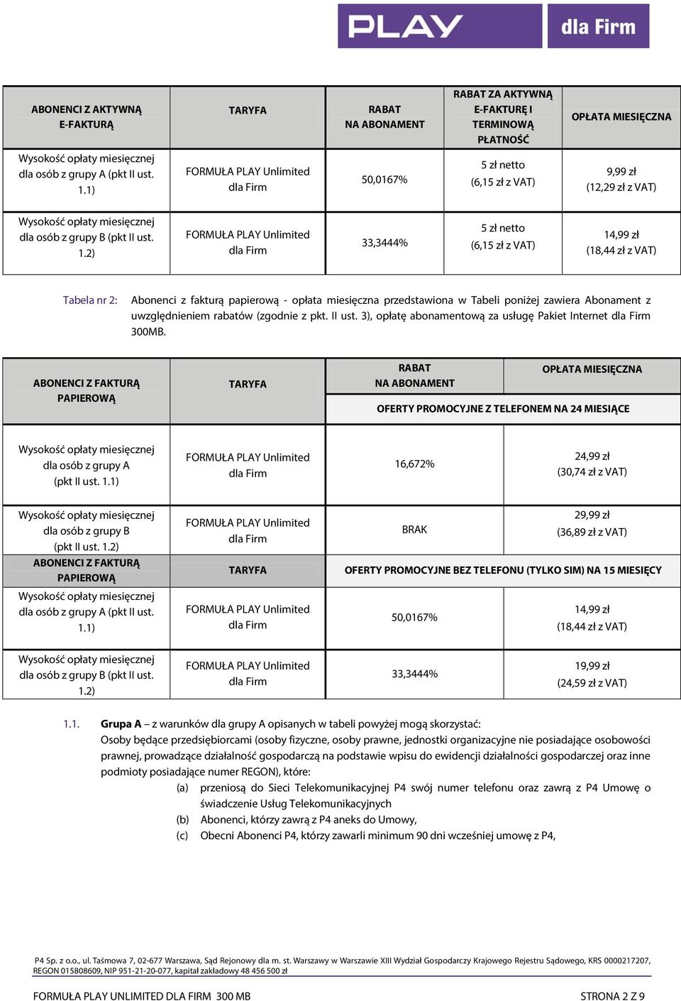 2) 33,3444% 5 zł netto (6,15 zł z VAT) 14,99 zł (18,44 zł z VAT) Tabela nr 2: Abonenci z fakturą papierową - opłata miesięczna przedstawiona w Tabeli poniżej zawiera Abonament z uwzględnieniem