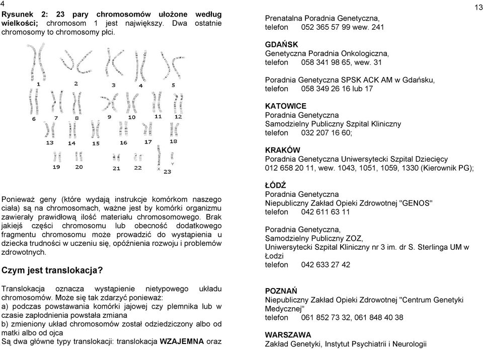 31 Poradnia Genetyczna SPSK ACK AM w Gdańsku, telefon 058 349 26 16 lub 17 KATOWICE Poradnia Genetyczna Samodzielny Publiczny Szpital Kliniczny telefon 032 207 16 60; 13 KRAKÓW Poradnia Genetyczna