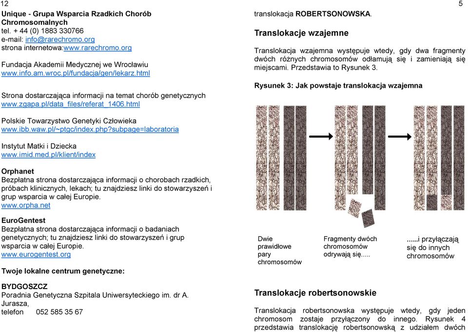 Translokacje wzajemne Translokacja wzajemna występuje wtedy, gdy dwa fragmenty dwóch różnych chromosomów odłamują się i zamieniają się miejscami. Przedstawia to Rysunek 3.