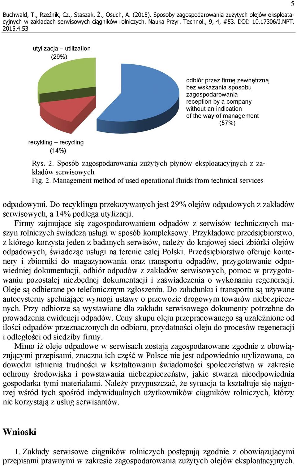 indication of the way of management (57%) recykling recycling (14%) Rys. 2. Sposób zagospodarowania zużytych płynów eksploatacyjnych z zakładów serwisowych Fig. 2. Management method of used operational fluids from technical services odpadowymi.