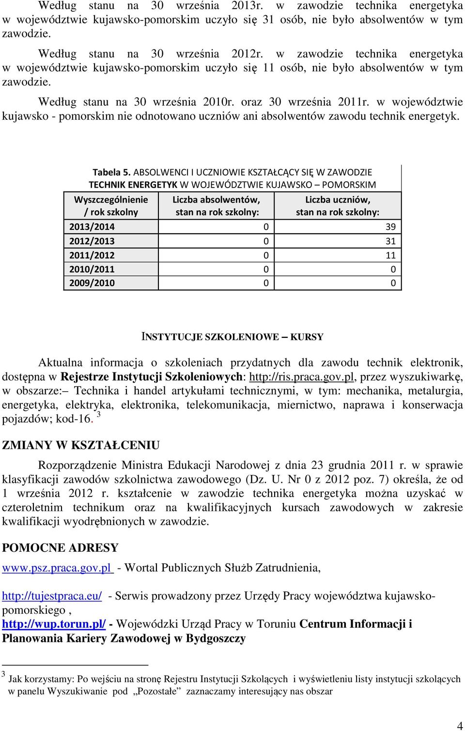 w województwie kujawsko - pomorskim nie odnotowano uczniów ani absolwentów zawodu technik energetyk. Tabela 5.