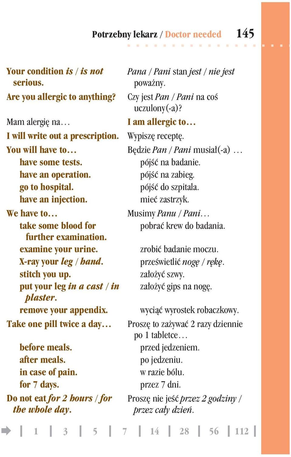remove your appendix. Take one pill twice a day before meals. after meals. in case of pain. for 7 days. Do not eat for 2 hours / for the whole day. Pana / Pani stan jest / nie jest powa ny.