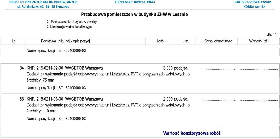 ...... Dodatki za wykonanie podejść odpływowych z rur i kształtek z PVC o połączeniach wciskowych, o średnicy: