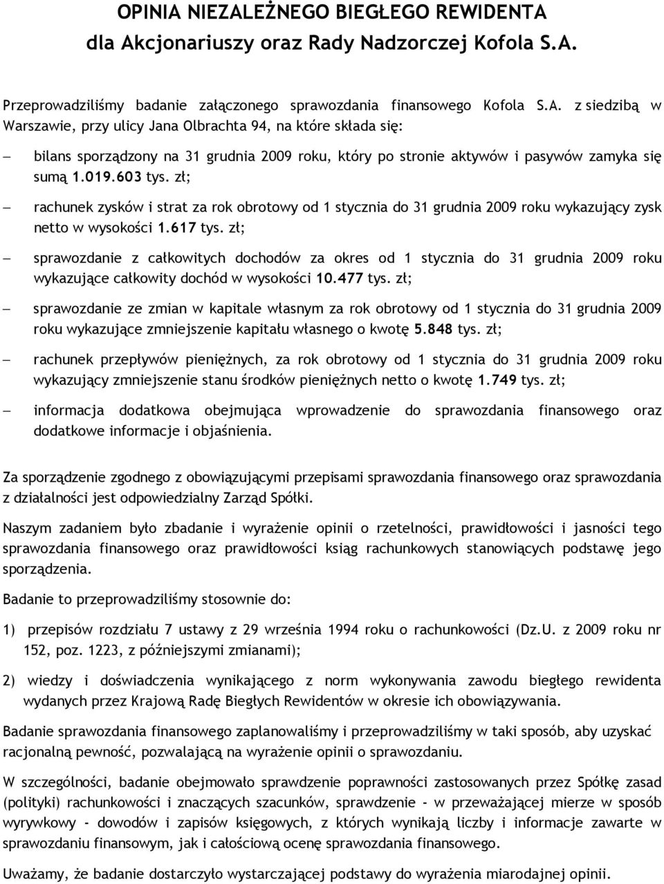 zł; sprawozdanie z całkowitych dochodów za okres od 1 stycznia do 31 grudnia 2009 roku wykazujące całkowity dochód w wysokości 10.477 tys.