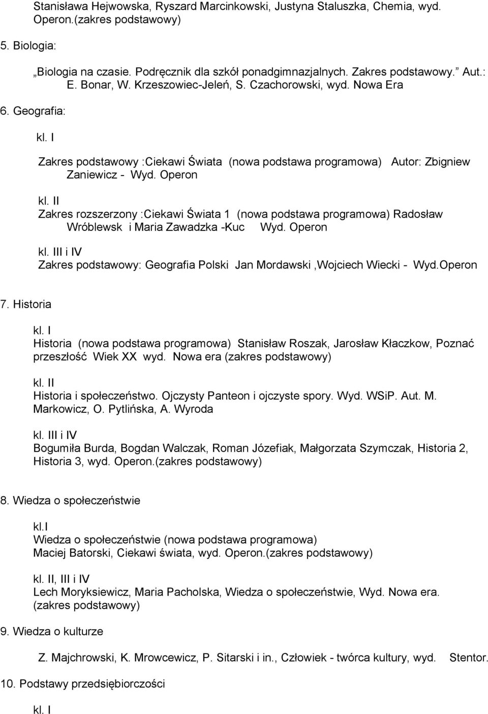 Operon I Zakres rozszerzony :Ciekawi Świata 1 (nowa podstawa programowa) Radosław Wróblewsk i Maria Zawadzka -Kuc Wyd.