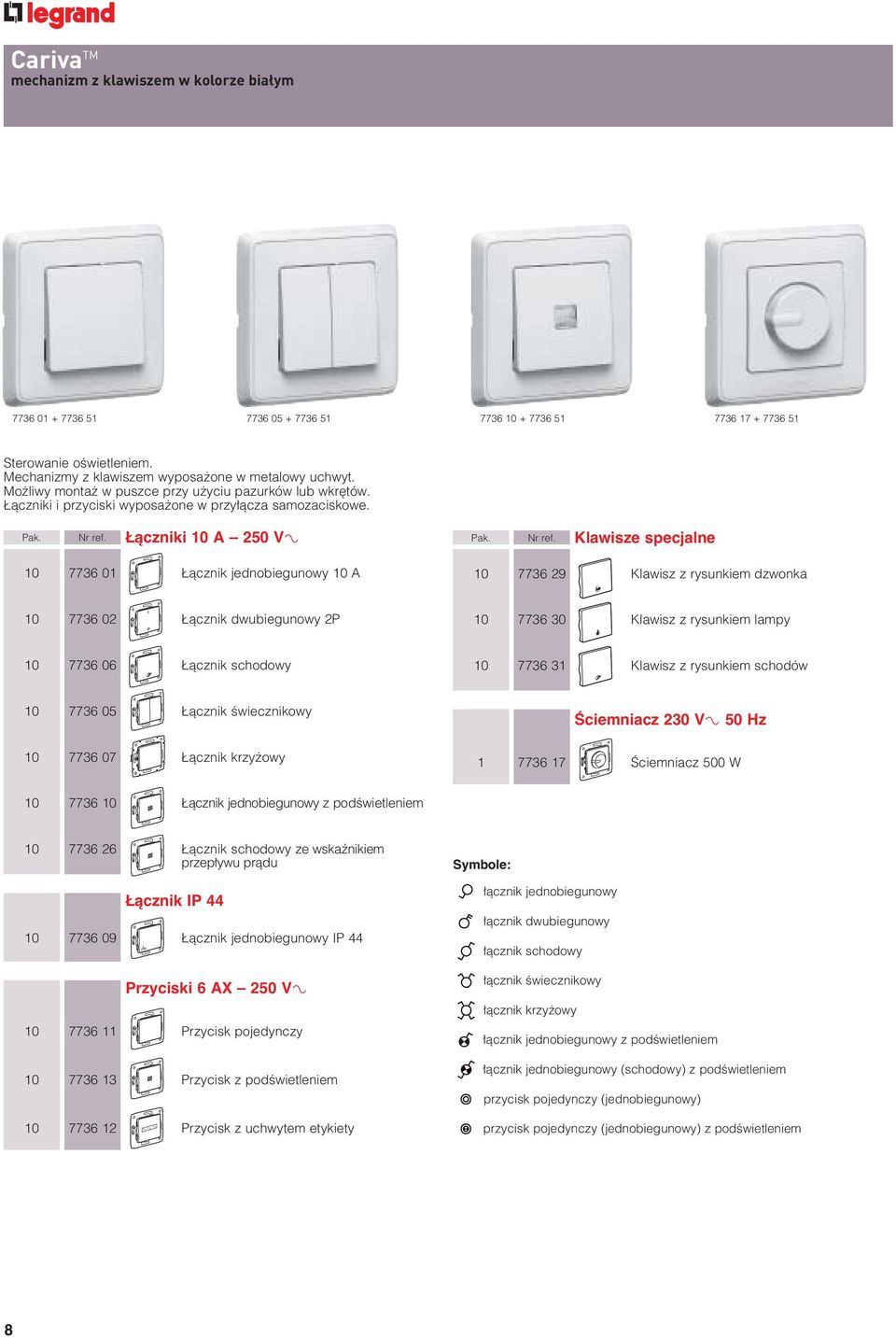 àczniki 10 A 250 V± 10 7736 01 àcznik jednobiegunowy 10 A Pak. Nr ref.