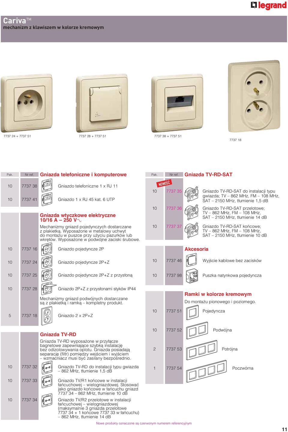 6 UTP Gniazda wtyczkowe elektryczne 10/16 A 250 V± Mechanizmy gniazd pojedynczych dostarczane z plakietkà. Wyposa one w metalowy uchwyt do monta u w puszce przy u yciu pazurków lub wkr tów.