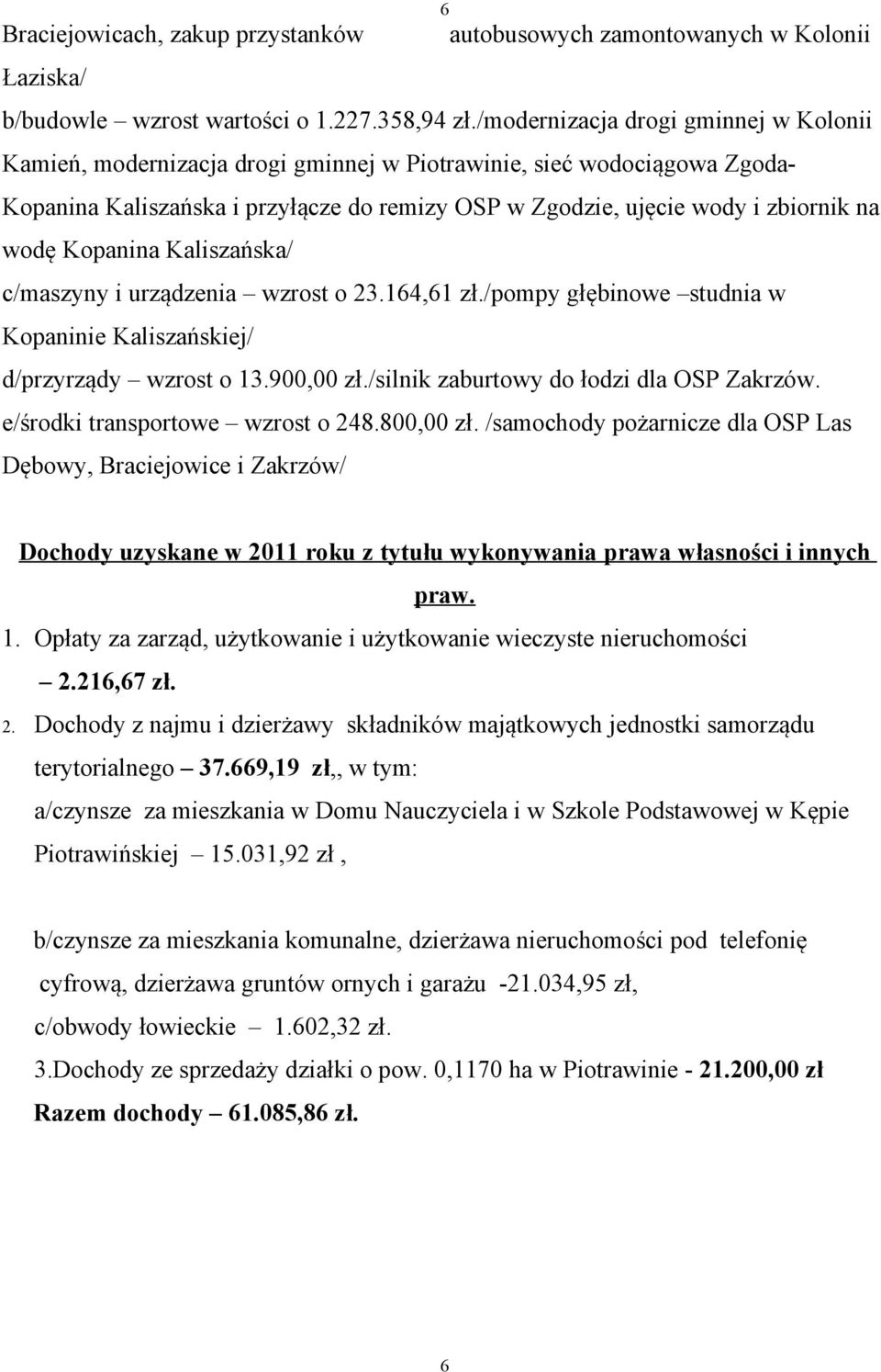 wodę Kopanina Kaliszańska/ c/maszyny i urządzenia wzrost o 23.164,61 zł./pompy głębinowe studnia w Kopaninie Kaliszańskiej/ d/przyrządy wzrost o 13.900,00 zł.