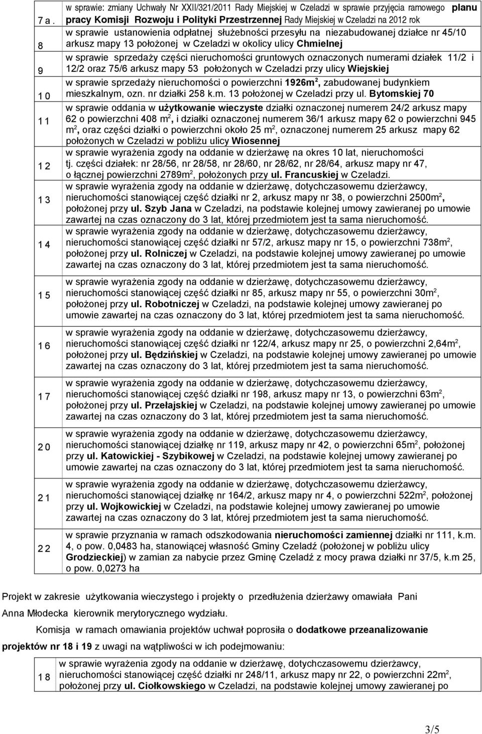 Chmielnej w sprawie sprzedaży części nieruchomości gruntowych oznaczonych numerami działek 11/2 i 12/2 oraz 75/6 arkusz mapy 53 położonych w Czeladzi przy ulicy Wiejskiej w sprawie sprzedaży