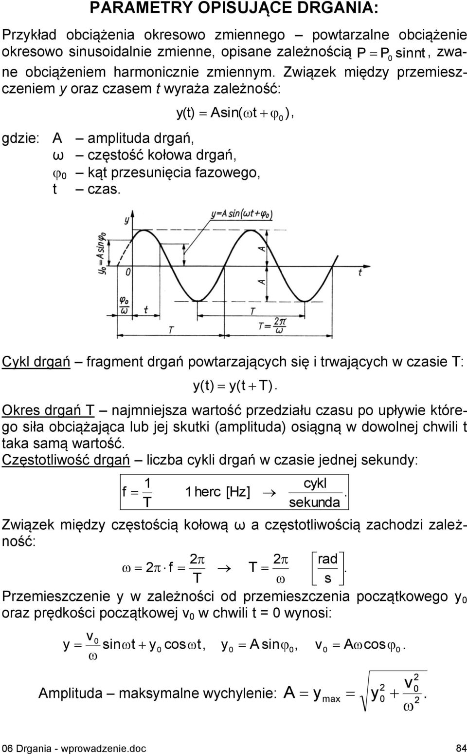 powtarzających się i trwających w czasie T: y(t) y(t T) Okres drgań T najmniejsza wartość przedziału czasu po upływie którego siła obciążająca lub jej skutki (amplituda) osiągną w dowolnej chwili t