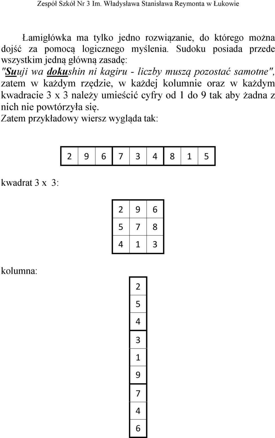 zatem w każdym rzędzie, w każdej kolumnie oraz w każdym kwadracie 3 x 3 należy umieścić cyfry od 1 do 9 tak aby żadna