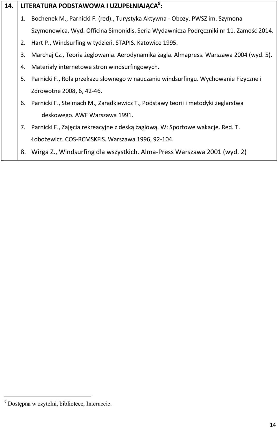 Materiały internetowe stron windsurfingowych. 5. Parnicki F., Rola przekazu słownego w nauczaniu windsurfingu. Wychowanie Fizyczne i Zdrowotne 2008, 6, 42-46. 6. Parnicki F., Stelmach M.