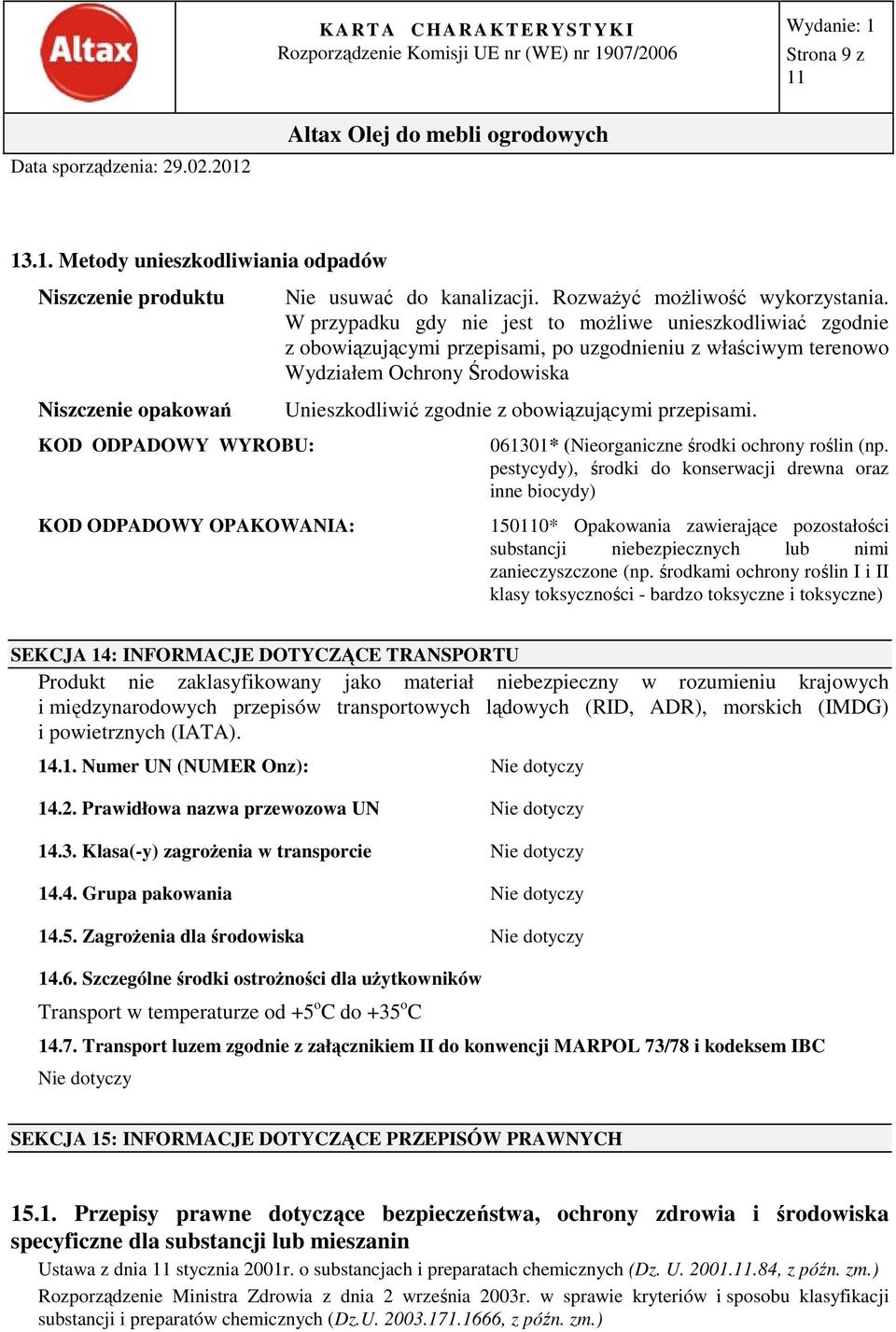 przepisami. KOD ODPADOWY WYROBU: KOD ODPADOWY OPAKOWANIA: 061301* (Nieorganiczne środki ochrony roślin (np.