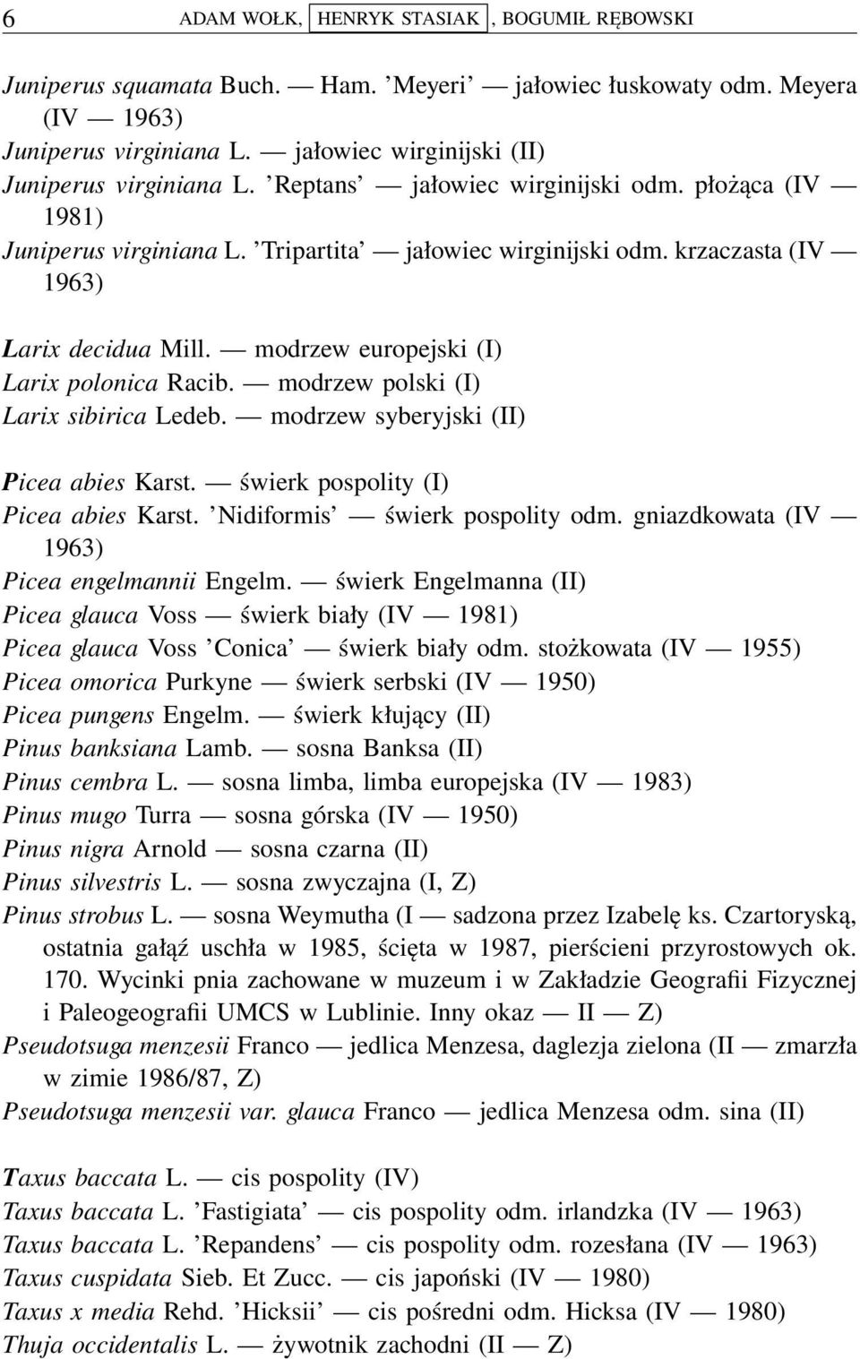 modrzew polski (I) Larix sibirica Ledeb. modrzew syberyjski (II) Picea abies Karst. świerk pospolity (I) Picea abies Karst. Nidiformis świerk pospolity odm.