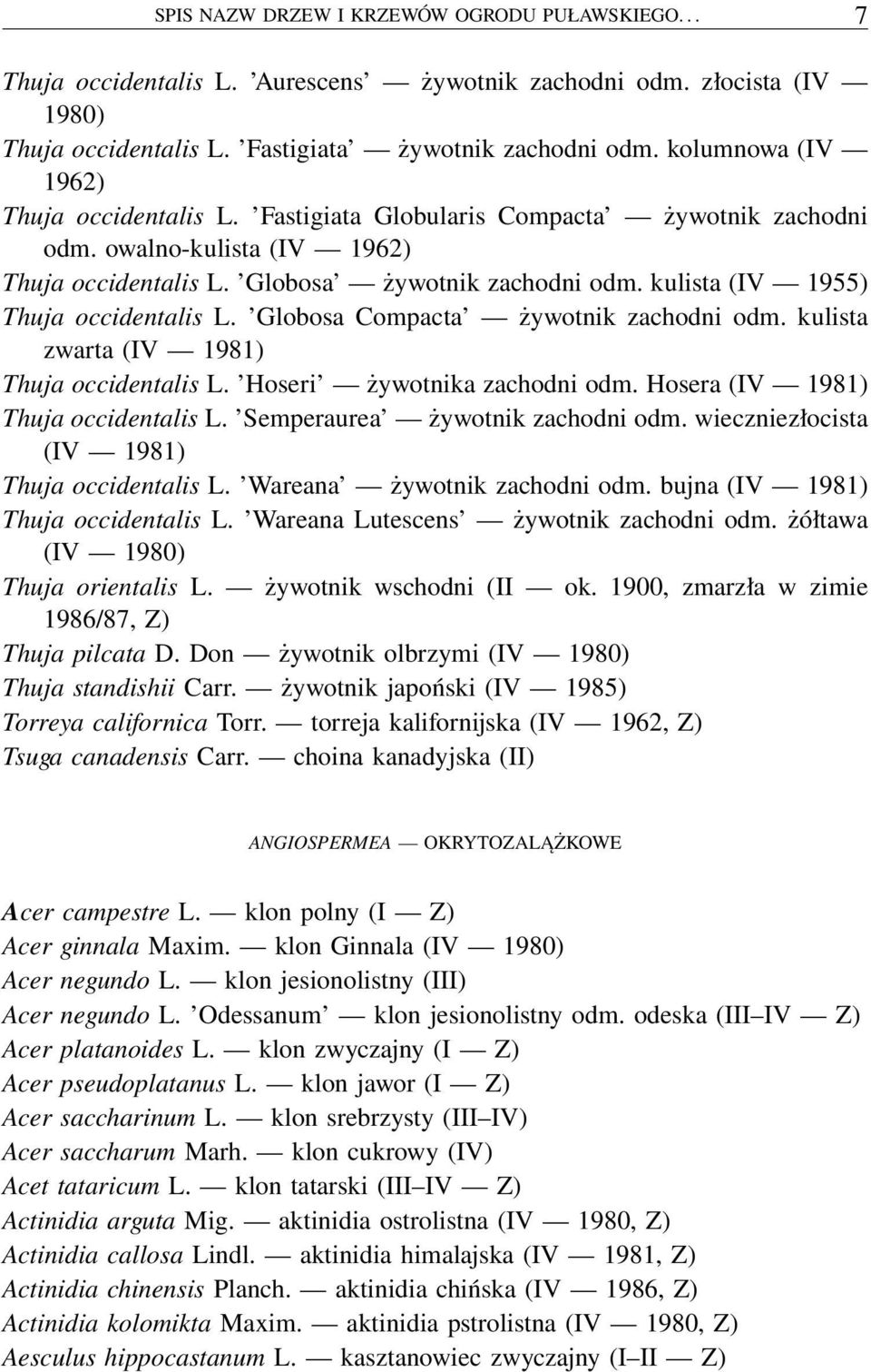 kulista (IV 1955) Thuja occidentalis L. Globosa Compacta żywotnik zachodni odm. kulista zwarta (IV 1981) Thuja occidentalis L. Hoseri żywotnika zachodni odm. Hosera (IV 1981) Thuja occidentalis L.