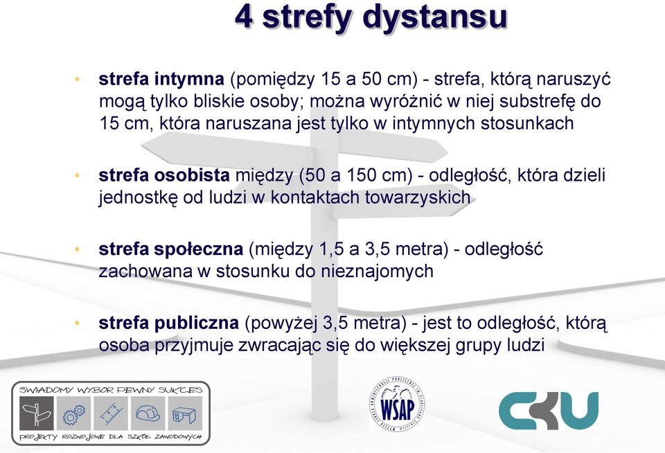 dzieli jednostkę od ludzi w kontaktach towarzyskich strefa społeczna (między 1,5 a 3,5 metra) - odległość zachowana w stosunku