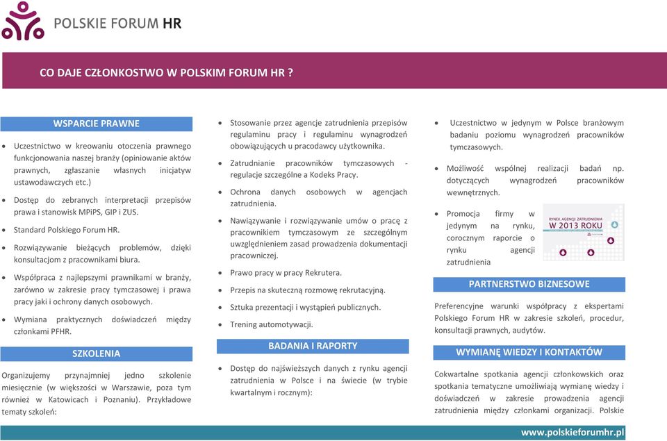 ) Dostęp do zebranych interpretacji przepisów prawa i stanowisk MPiPS, GIP i ZUS. Standard Polskiego Forum HR. Rozwiązywanie bieżących problemów, dzięki konsultacjom z pracownikami biura.
