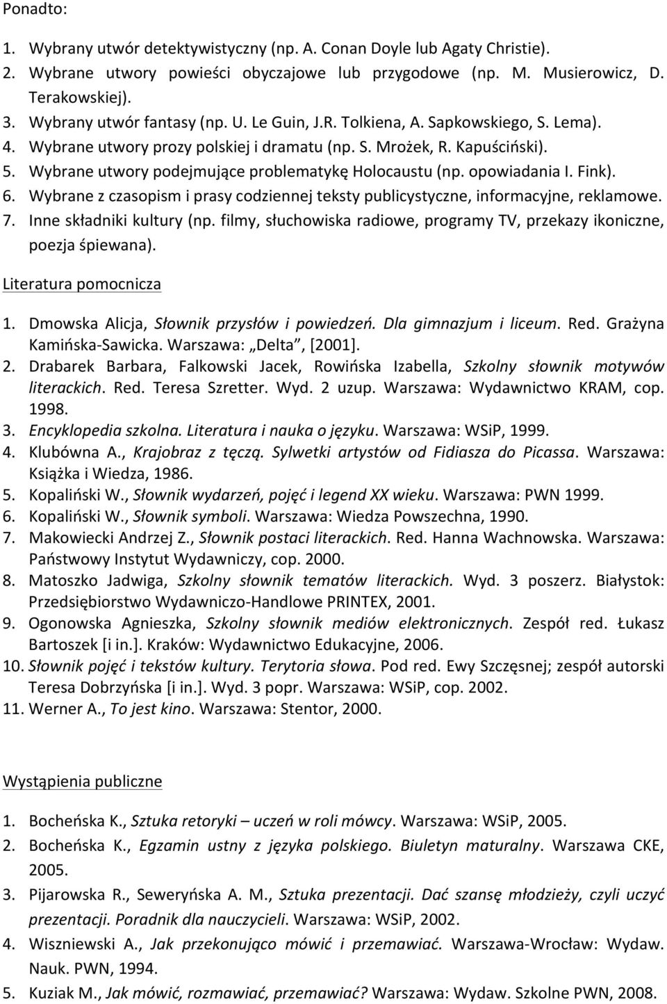 Wybrane utwory podejmujące problematykę Holocaustu (np. opowiadania I. Fink). 6. Wybrane z czasopism i prasy codziennej teksty publicystyczne, informacyjne, reklamowe. 7. Inne składniki kultury (np.