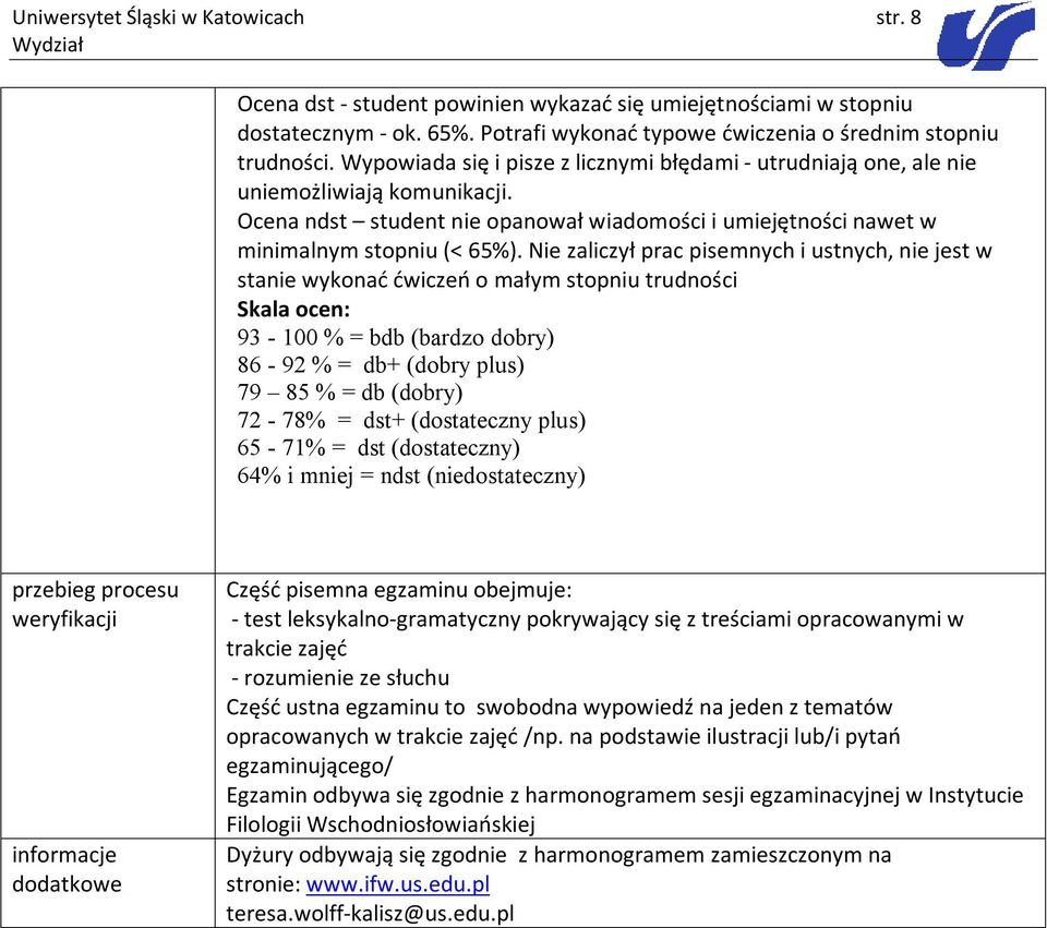 Nie zaliczył prac pisemnych i ustnych, nie jest w stanie wykonać ćwiczeń o małym stopniu trudności Skala ocen: 93-100 % = bdb (bardzo dobry) 86-92 % = db+ (dobry plus) 79 85 % = db (dobry) 72-78% =