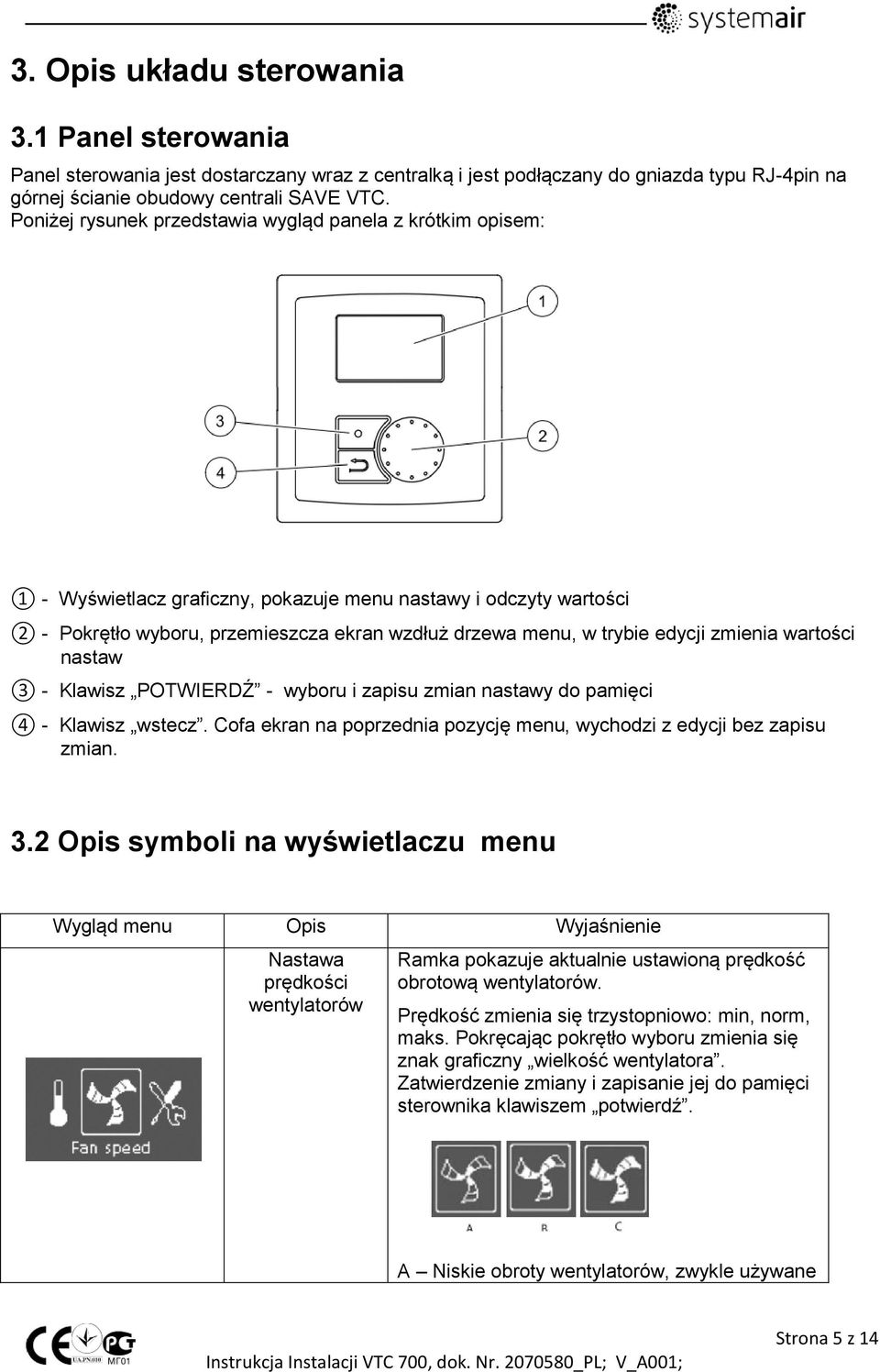 edycji zmienia wartości nastaw 3 - Klawisz POTWIERDŹ - wyboru i zapisu zmian nastawy do pamięci 4 - Klawisz wstecz. Cofa ekran na poprzednia pozycję menu, wychodzi z edycji bez zapisu zmian. 3.2 Opis symboli na wyświetlaczu menu Wygląd menu Opis Wyjaśnienie Nastawa prędkości wentylatorów Ramka pokazuje aktualnie ustawioną prędkość obrotową wentylatorów.