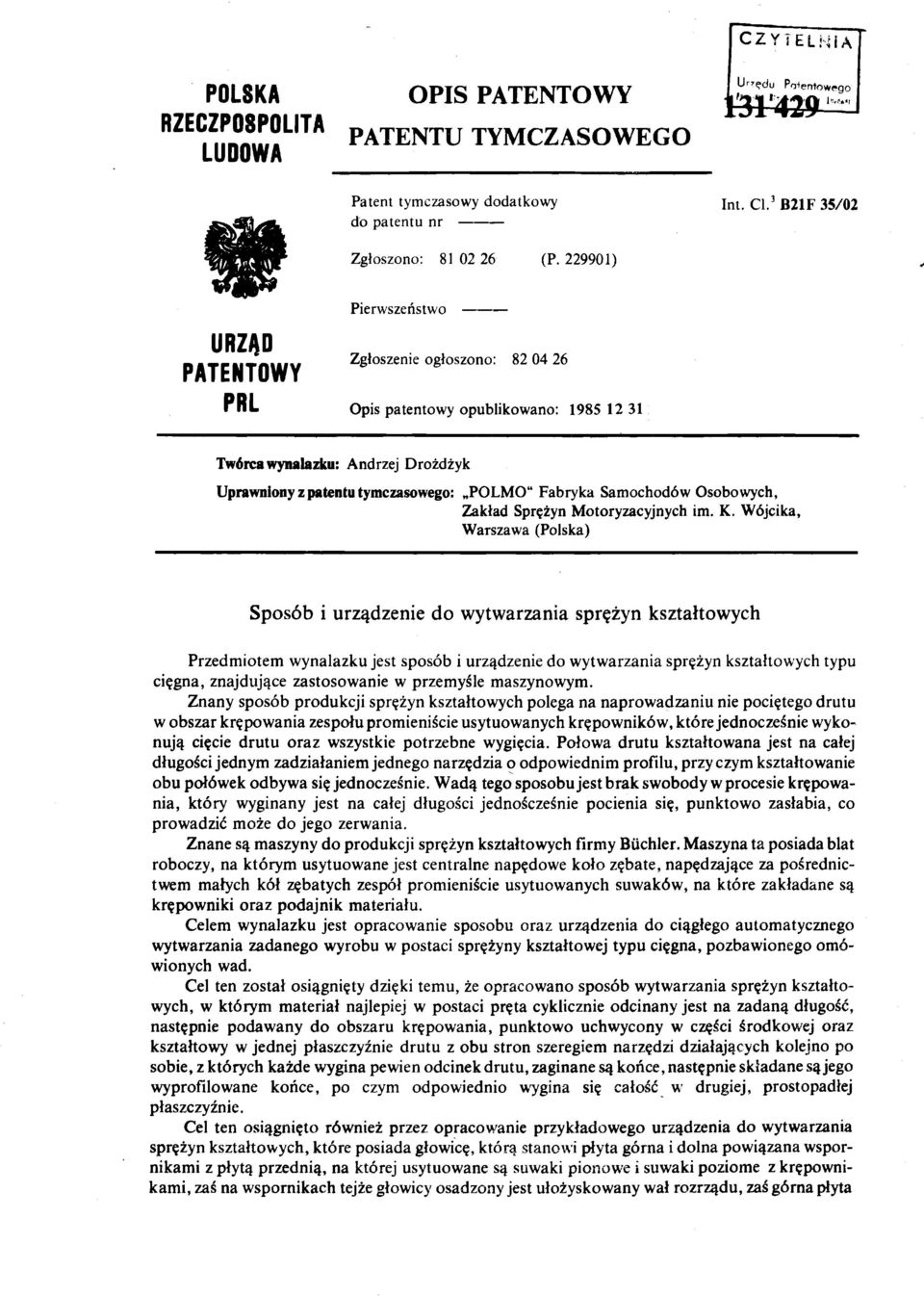 Samochodów Osobowych, Zakład Sprężyn Motoryzacyjnych im. K.