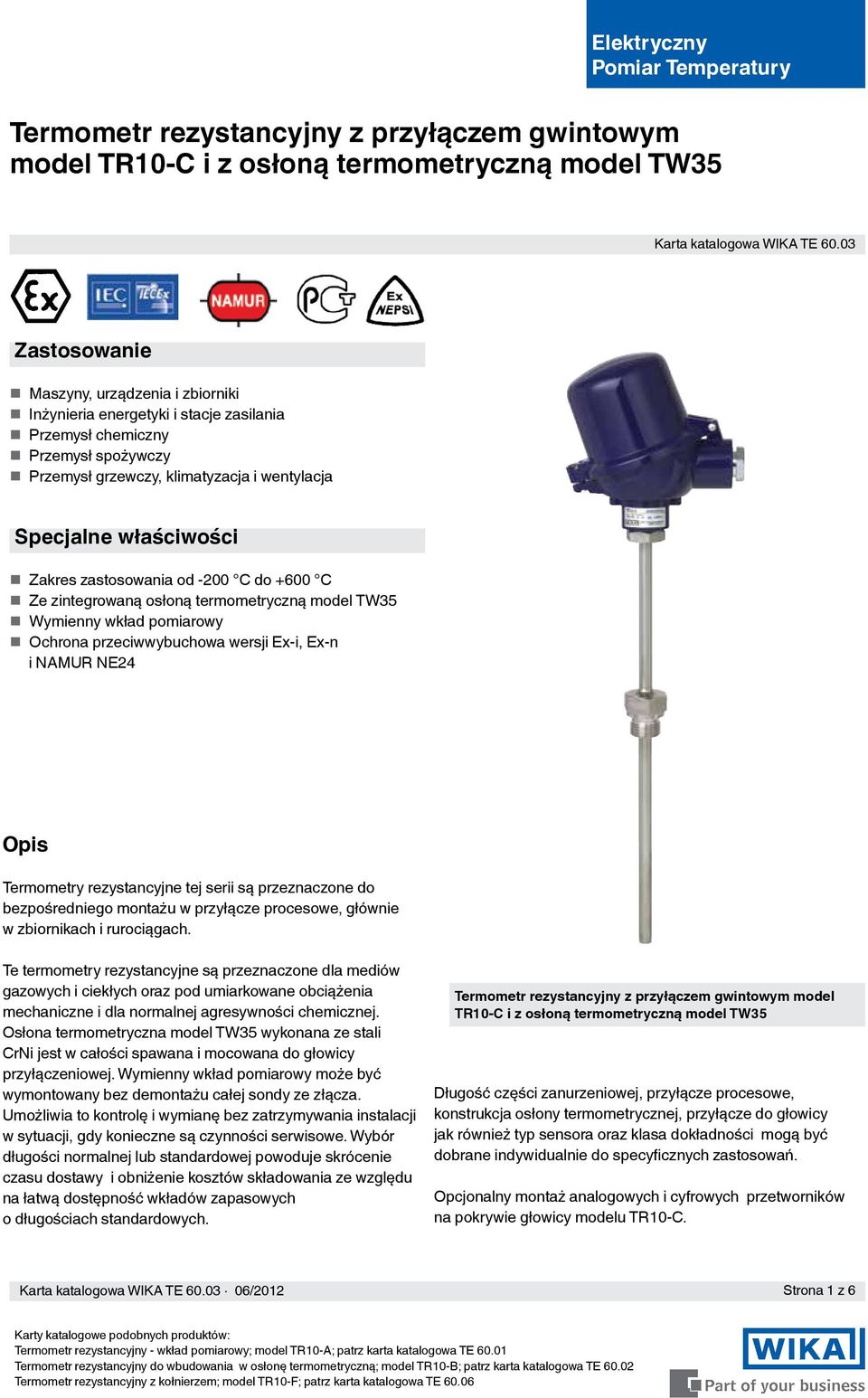 Zakres zastosowania od -200 C do +600 C Ze zintegrowaną osłoną termometryczną model TW35 Wymienny wkład pomiarowy Ochrona przeciwwybuchowa wersji Ex-i, Ex-n i NAMUR NE24 Opis Termometry rezystancyjne