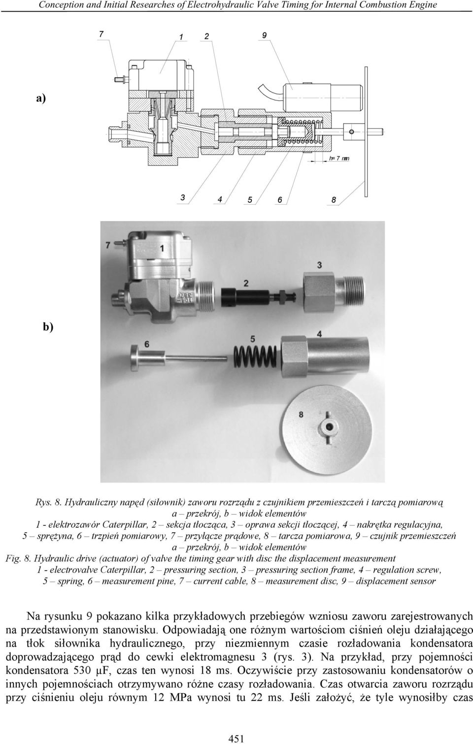 Hydrauliczny napęd (siłownik) zaworu rozrządu z czujnikiem przemieszczeń i tarczą pomiarową a przekrój, b widok elementów 1 - elektrozawór Caterpillar, 2 sekcja tłocząca, 3 oprawa sekcji tłoczącej, 4