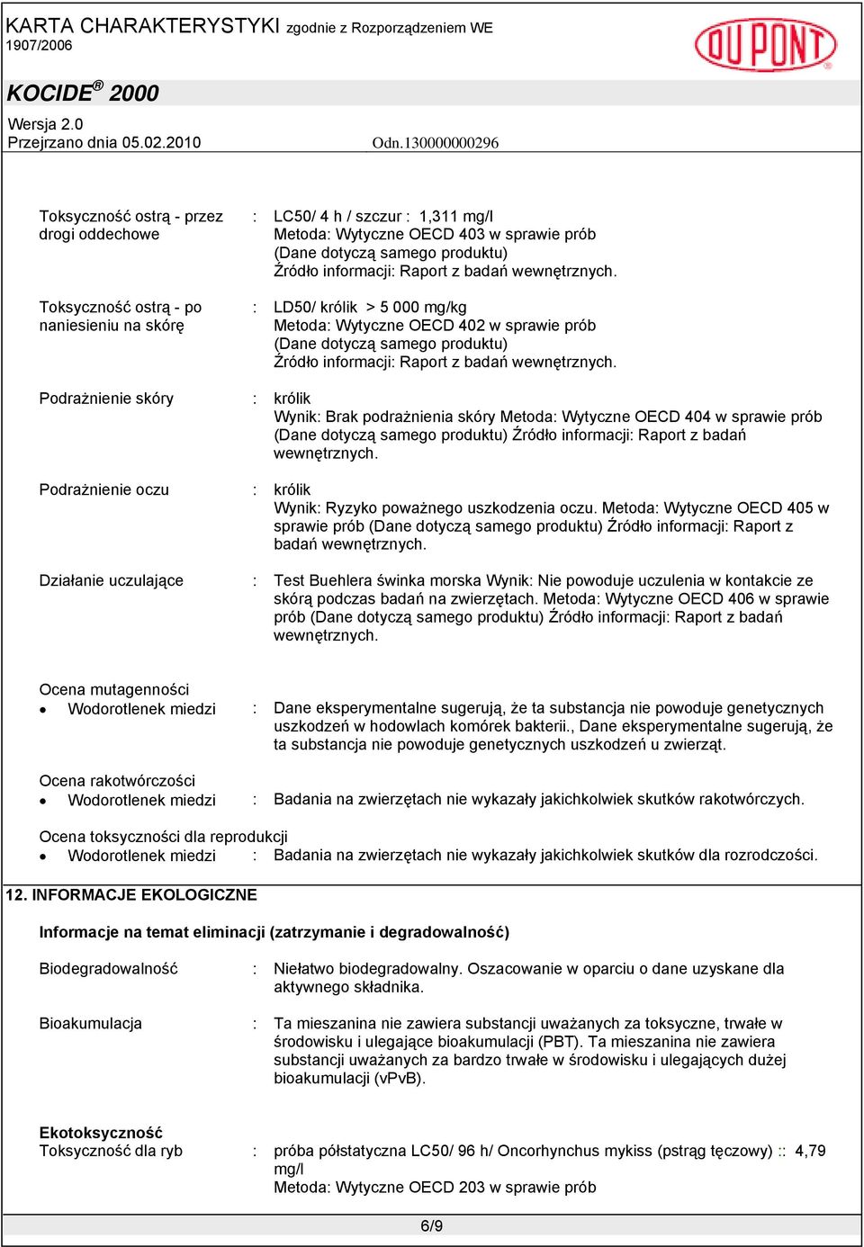 Brak podrażnienia skóry Metoda: Wytyczne OECD 404 w sprawie prób (Dane dotyczą samego produktu) Źródło informacji: Raport z badań Podrażnienie oczu : królik Wynik: Ryzyko poważnego uszkodzenia oczu.
