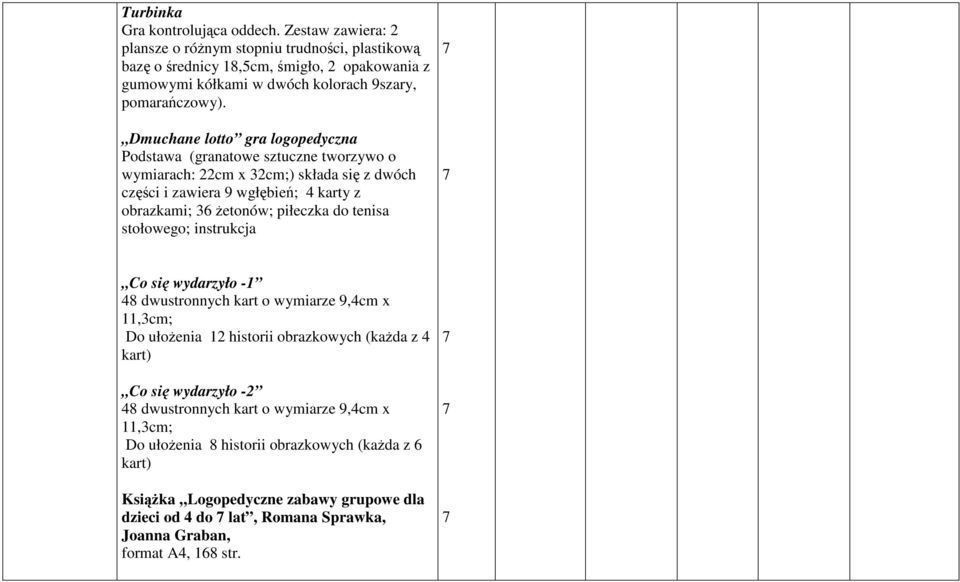 Dmuchane lotto gra logopedyczna Podstawa (granatowe sztuczne tworzywo o wymiarach: 22cm x 32cm;) składa się z dwóch części i zawiera 9 wgłębień; 4 karty z obrazkami; 36 Ŝetonów; piłeczka do